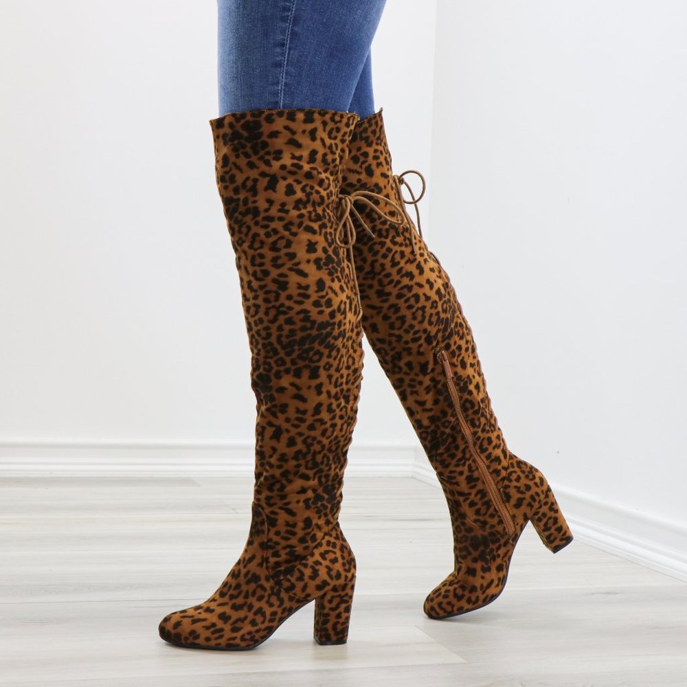 Suede Leopard Thigh High Heeled Boots Back Laces - Picture 12 of 15